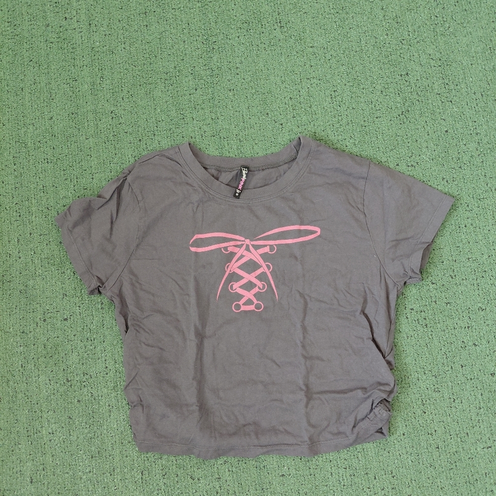 Womens Bow With Corset Lacing Graphic Print Gray Crop Top Sz Medium